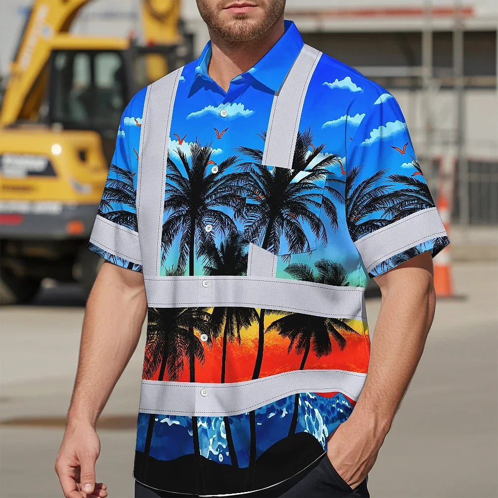 Hi Vis Hawaiian Shirt Reflective Tapes Blue Coconut Tree Custom Name Safety Workwear For Workers, Truckers, Operators