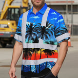 Hi Vis Hawaiian Shirt Reflective Tapes Blue Coconut Tree Custom Name Safety Workwear For Workers, Truckers, Operators