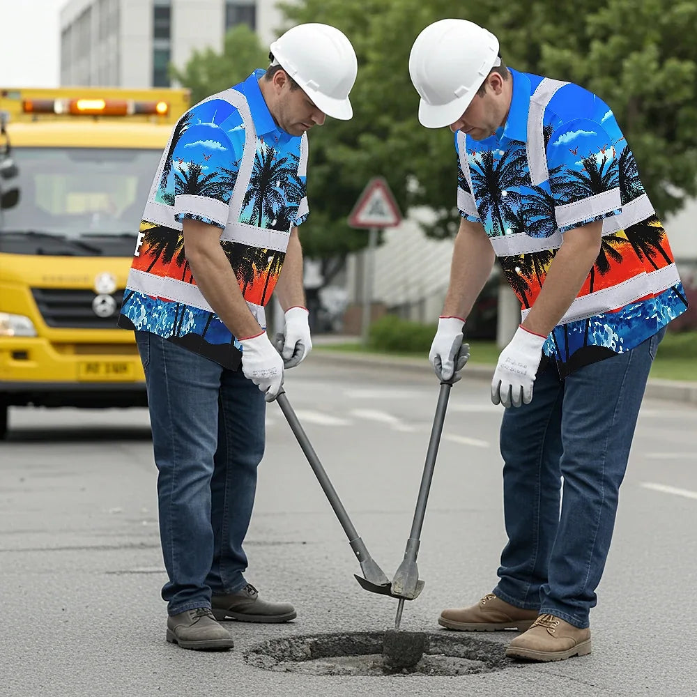 Hi Vis Hawaiian Shirt Reflective Tapes Blue Coconut Tree Custom Name Safety Workwear For Workers, Truckers, Operators