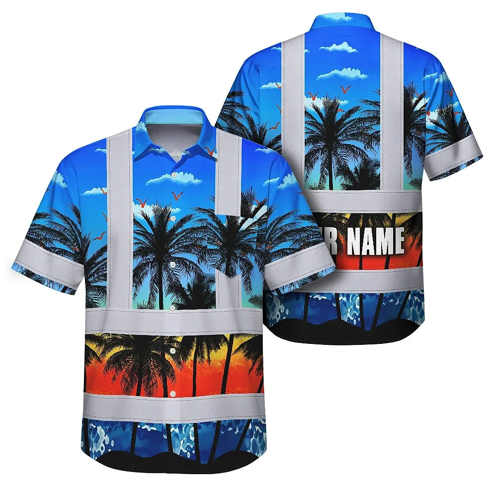Hi Vis Hawaiian Shirt Reflective Tapes Blue Coconut Tree Custom Name Safety Workwear For Workers, Truckers, Operators