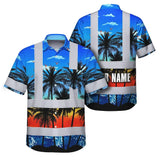 Hi Vis Hawaiian Shirt Reflective Tapes Blue Coconut Tree Custom Name Safety Workwear For Workers, Truckers, Operators
