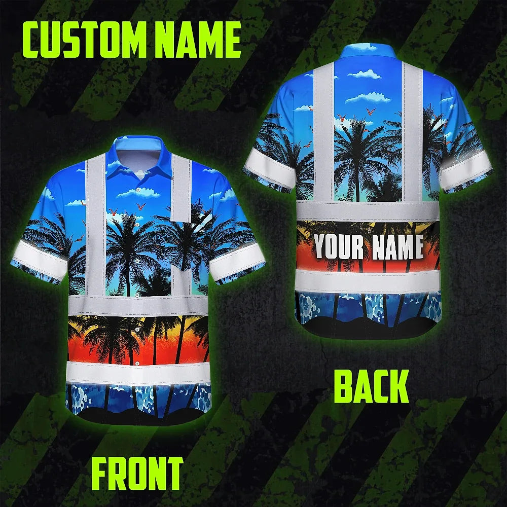 Hi Vis Hawaiian Shirt Reflective Tapes Blue Coconut Tree Custom Name Safety Workwear For Workers, Truckers, Operators