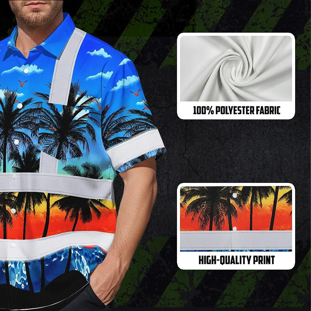 Hi Vis Hawaiian Shirt Reflective Tapes Blue Coconut Tree Custom Name Safety Workwear For Workers, Truckers, Operators