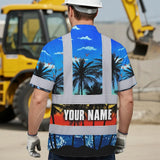 Hi Vis Hawaiian Shirt Reflective Tapes Blue Coconut Tree Custom Name Safety Workwear For Workers, Truckers, Operators