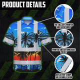 Hi Vis Hawaiian Shirt Reflective Tapes Blue Coconut Tree Custom Name Safety Workwear For Workers, Truckers, Operators