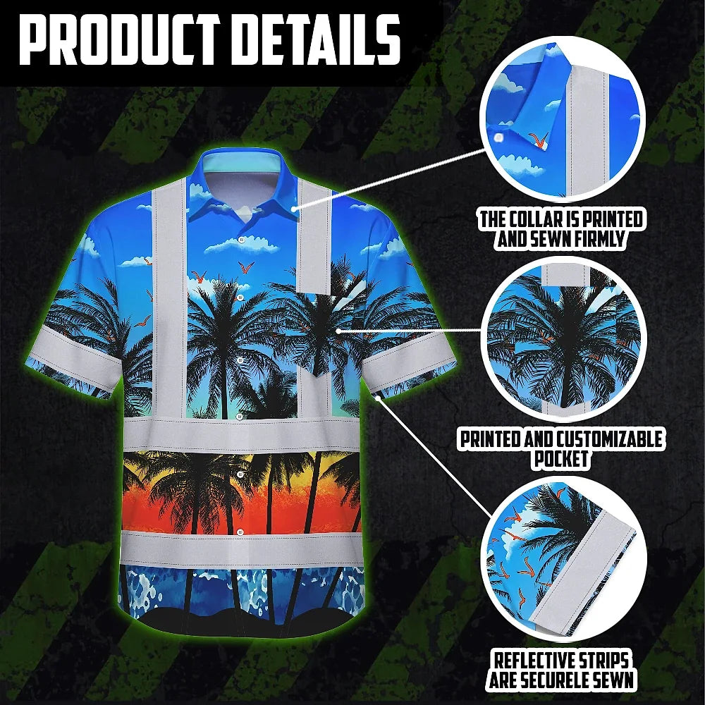 Hi Vis Hawaiian Shirt Reflective Tapes Blue Coconut Tree Custom Name Safety Workwear For Workers, Truckers, Operators