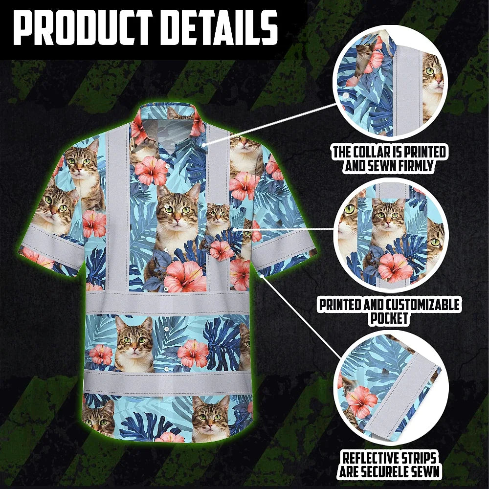 Hi Vis Hawaiian Shirt Reflective Tapes Blue Custom Name And Image Safety Workwear For Workers, Truckers, Operators, Company, Pet Lovers