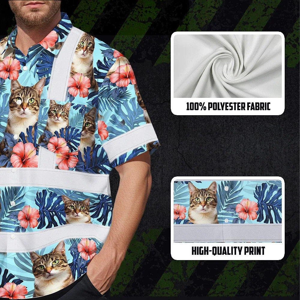 Hi Vis Hawaiian Shirt Reflective Tapes Blue Custom Name And Image Safety Workwear For Workers, Truckers, Operators, Company, Pet Lovers