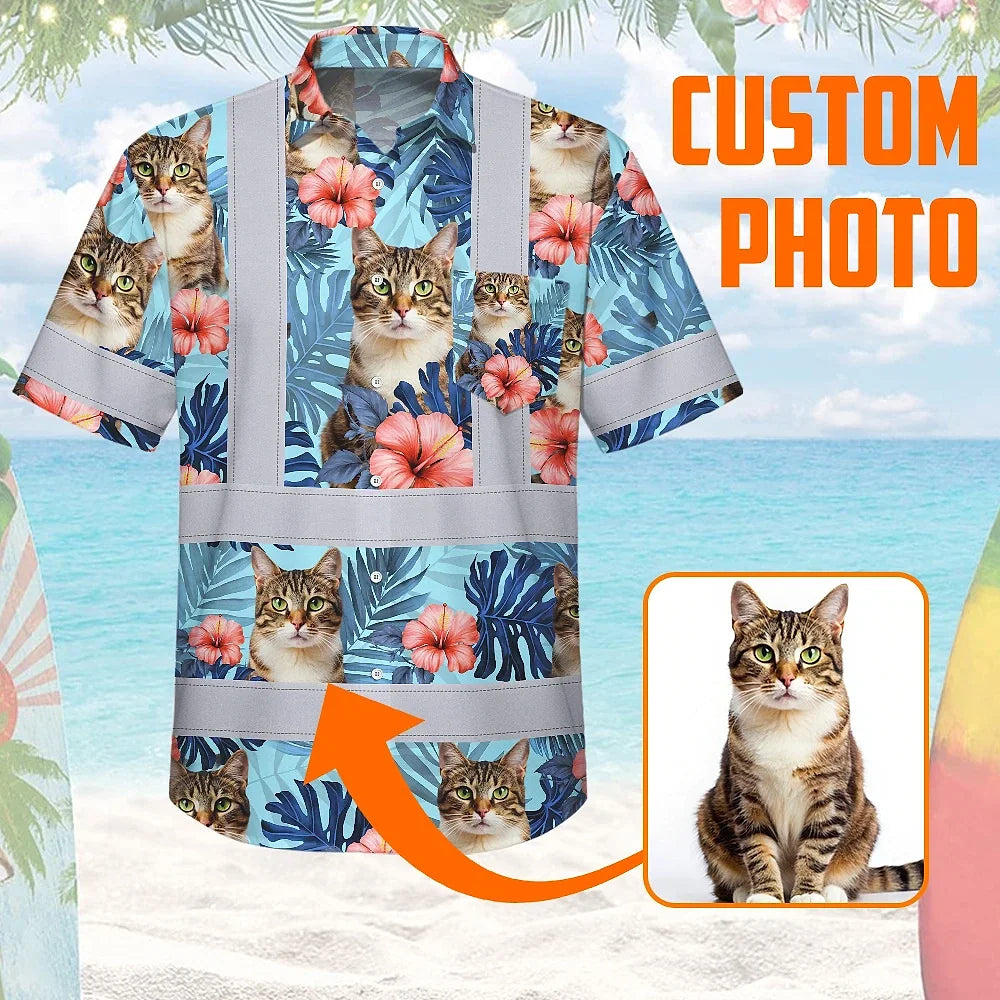 Hi Vis Hawaiian Shirt Reflective Tapes Blue Custom Name And Image Safety Workwear For Workers, Truckers, Operators, Company, Pet Lovers