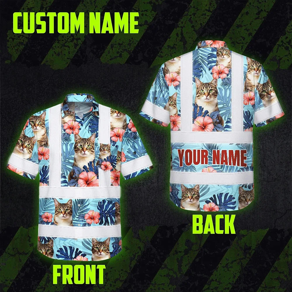 Hi Vis Hawaiian Shirt Reflective Tapes Blue Custom Name And Image Safety Workwear For Workers, Truckers, Operators, Company, Pet Lovers