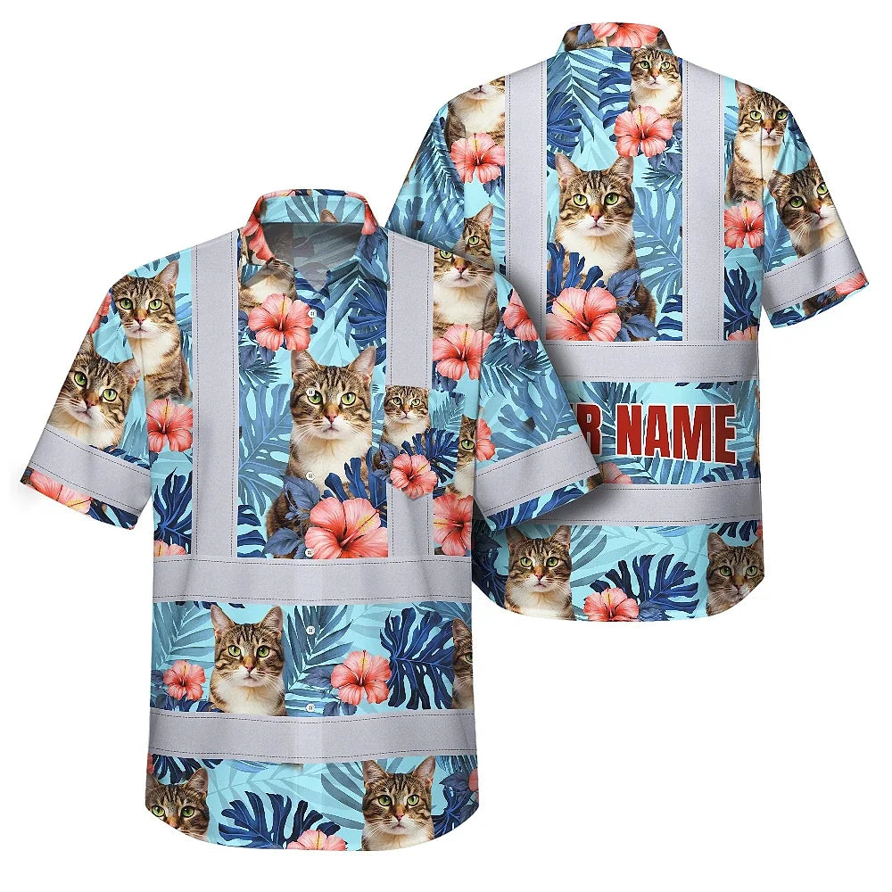 Hi Vis Hawaiian Shirt Reflective Tapes Blue Custom Name And Image Safety Workwear For Workers, Truckers, Operators, Company, Pet Lovers
