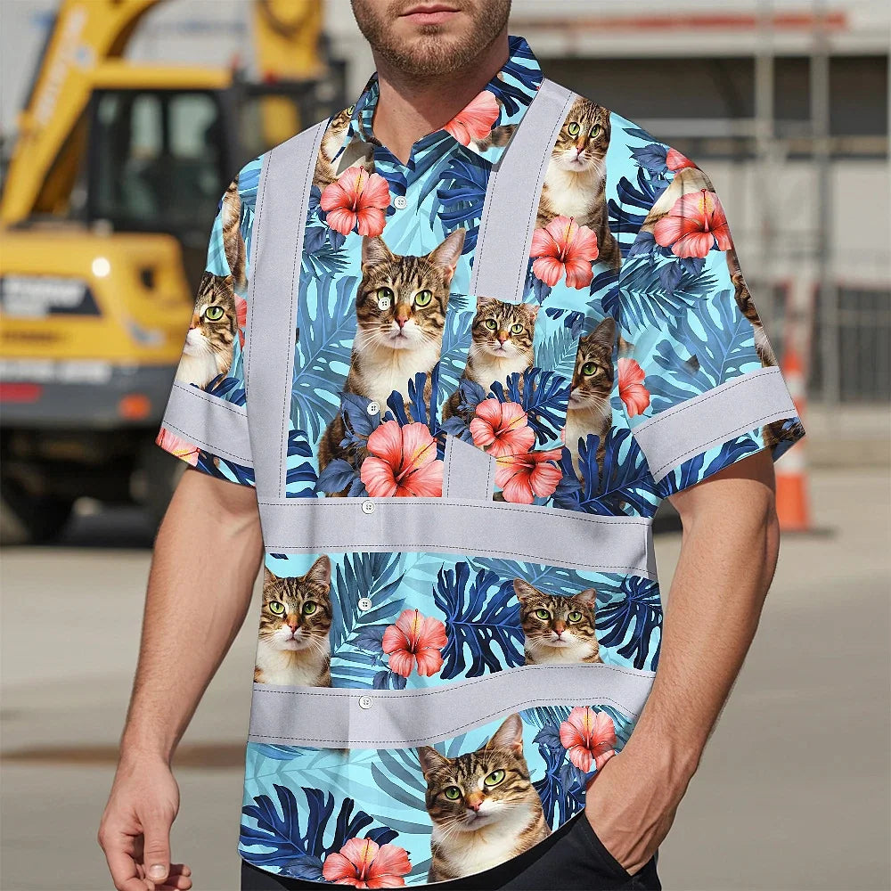 Hi Vis Hawaiian Shirt Reflective Tapes Blue Custom Name And Image Safety Workwear For Workers, Truckers, Operators, Company, Pet Lovers