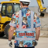 Hi Vis Hawaiian Shirt Reflective Tapes Blue Custom Name And Image Safety Workwear For Workers, Truckers, Operators, Company, Pet Lovers