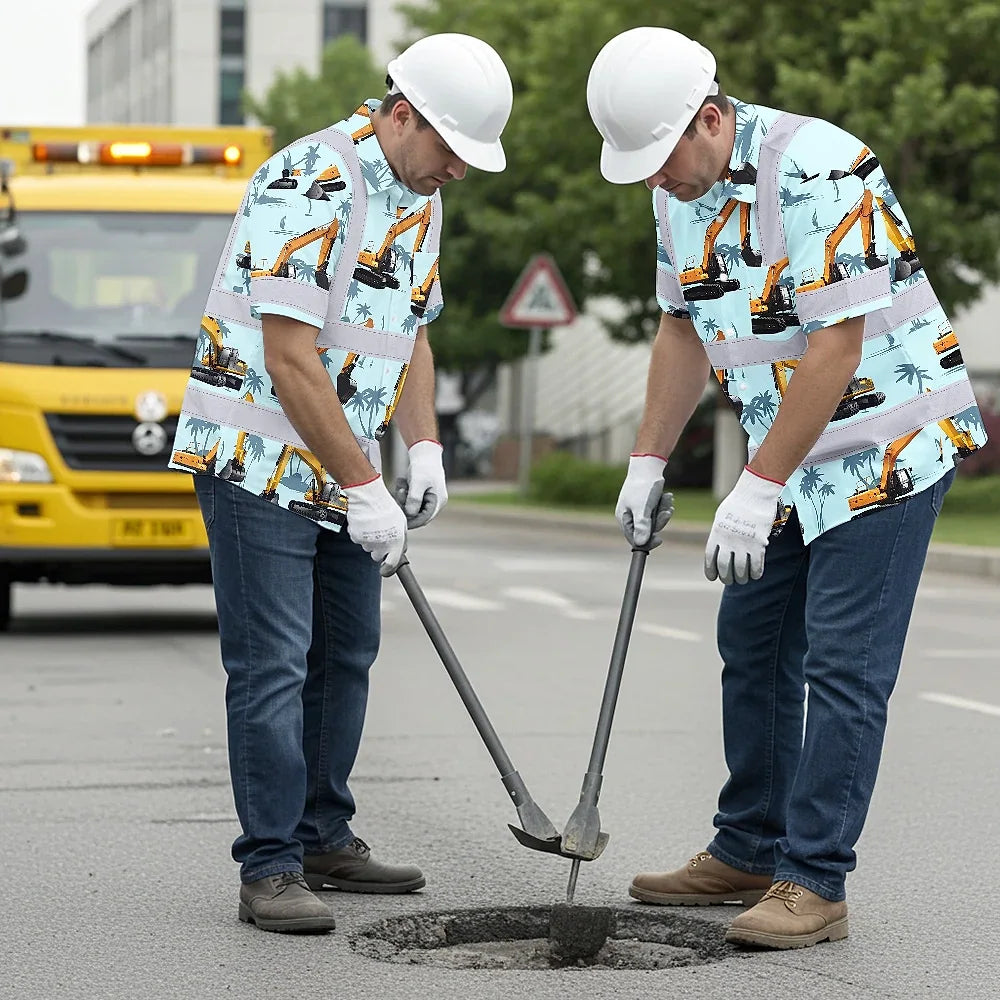 Hi Vis Hawaiian Shirt Reflective Tapes Blue Excavator Custom Name Safety Workwear For Workers, Truckers, Operators
