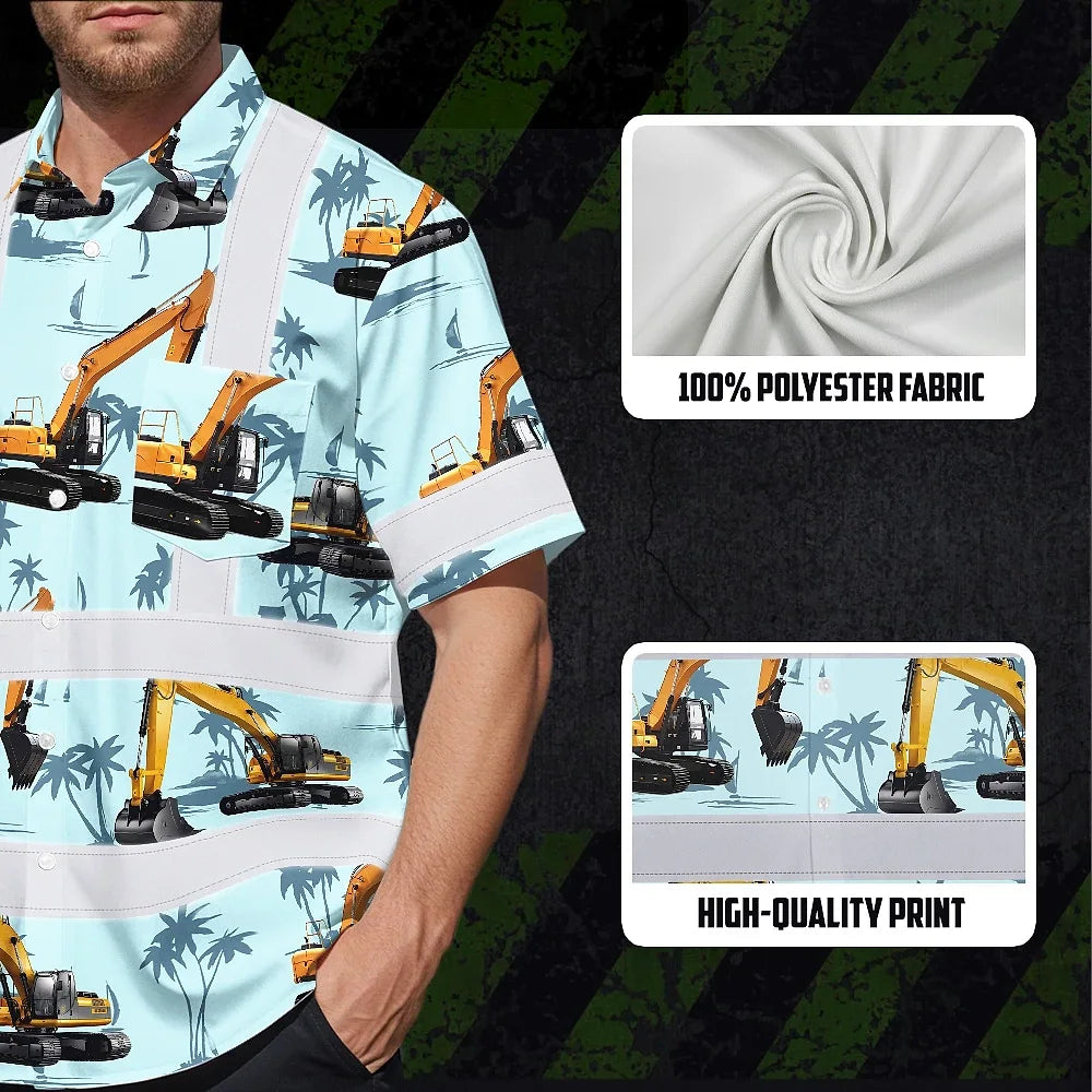 Hi Vis Hawaiian Shirt Reflective Tapes Blue Excavator Custom Name Safety Workwear For Workers, Truckers, Operators