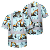 Hi Vis Hawaiian Shirt Reflective Tapes Blue Excavator Custom Name Safety Workwear For Workers, Truckers, Operators