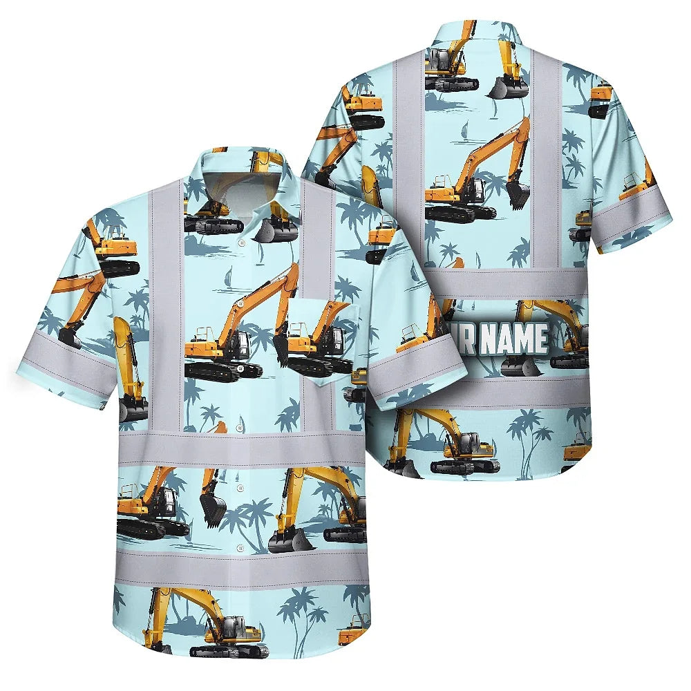 Hi Vis Hawaiian Shirt Reflective Tapes Blue Excavator Custom Name Safety Workwear For Workers, Truckers, Operators