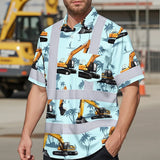 Hi Vis Hawaiian Shirt Reflective Tapes Blue Excavator Custom Name Safety Workwear For Workers, Truckers, Operators