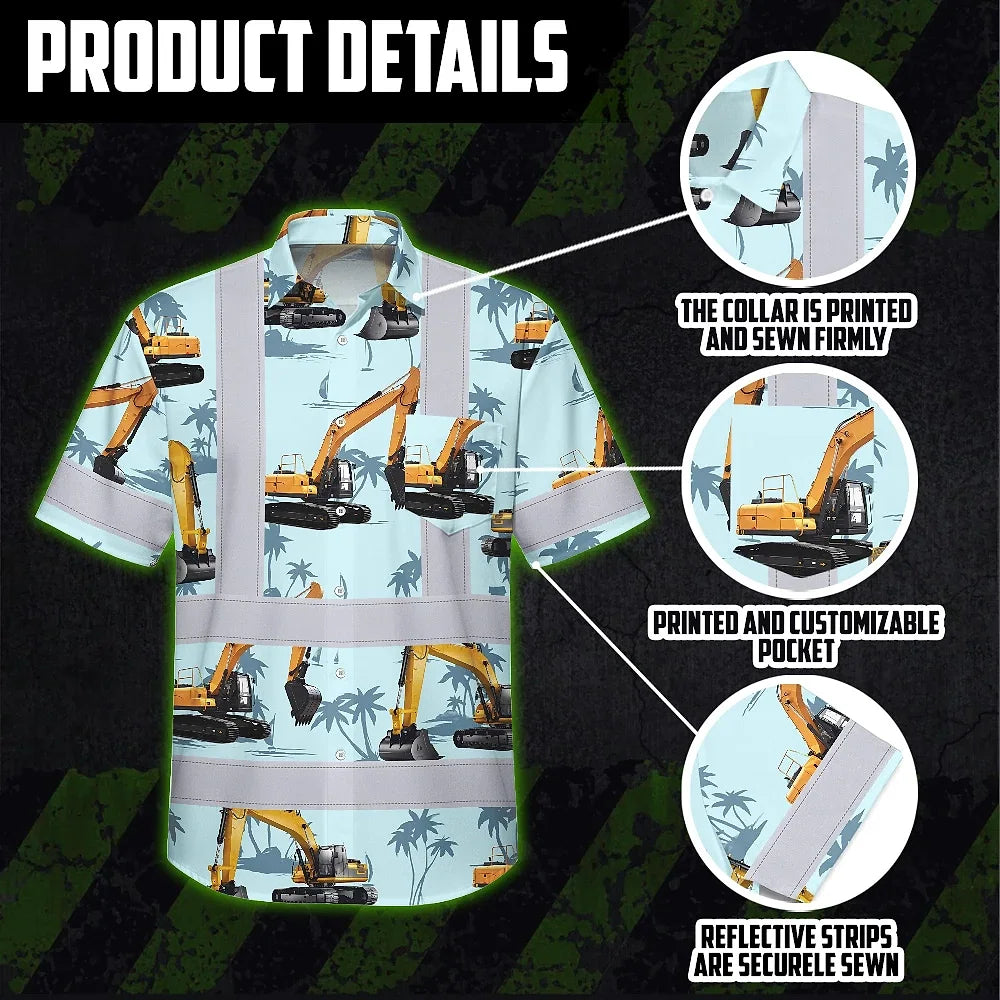 Hi Vis Hawaiian Shirt Reflective Tapes Blue Excavator Custom Name Safety Workwear For Workers, Truckers, Operators