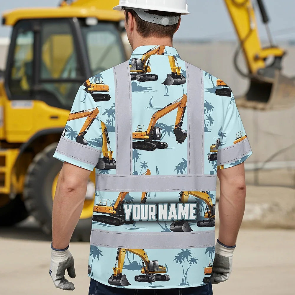 Hi Vis Hawaiian Shirt Reflective Tapes Blue Excavator Custom Name Safety Workwear For Workers, Truckers, Operators