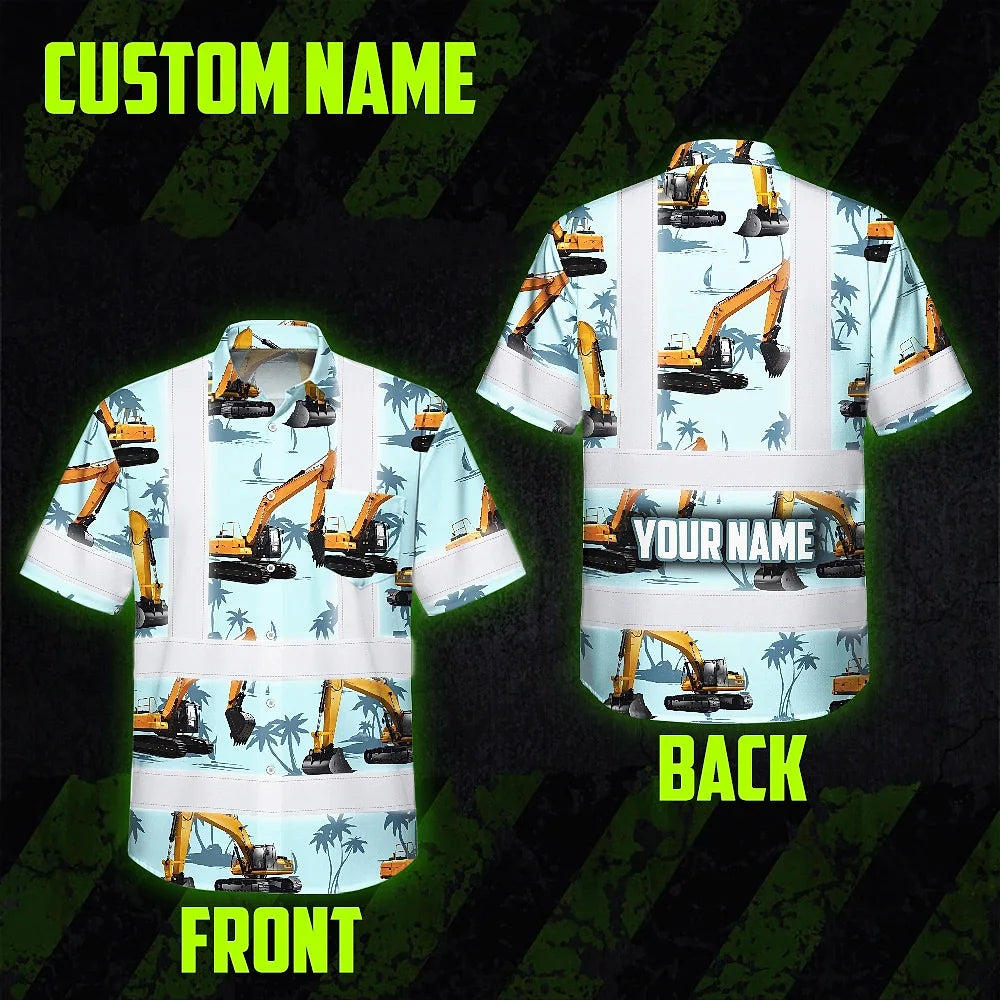 Hi Vis Hawaiian Shirt Reflective Tapes Blue Excavator Custom Name Safety Workwear For Workers, Truckers, Operators