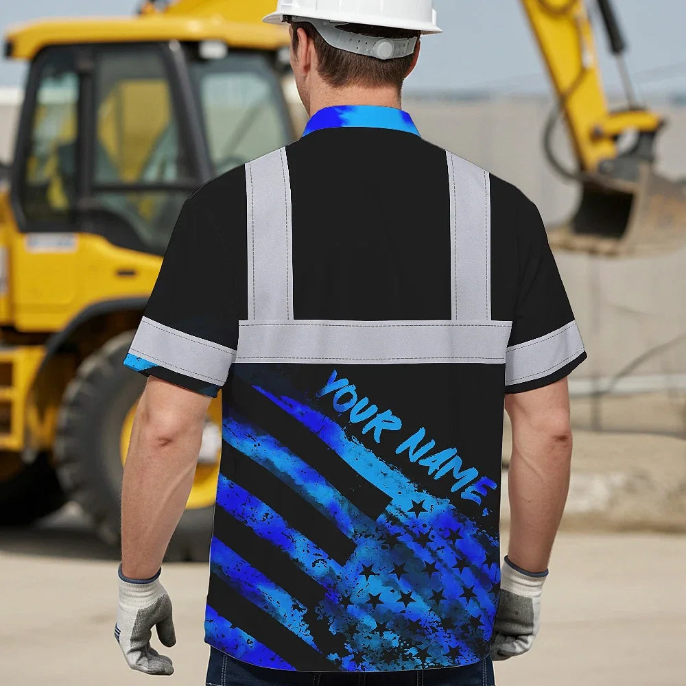 Hi Vis Hawaiian Shirt Reflective Tapes Blue Flag Tie Dye Custom Name Safety Workwear For Workers, Runners, Cyclists