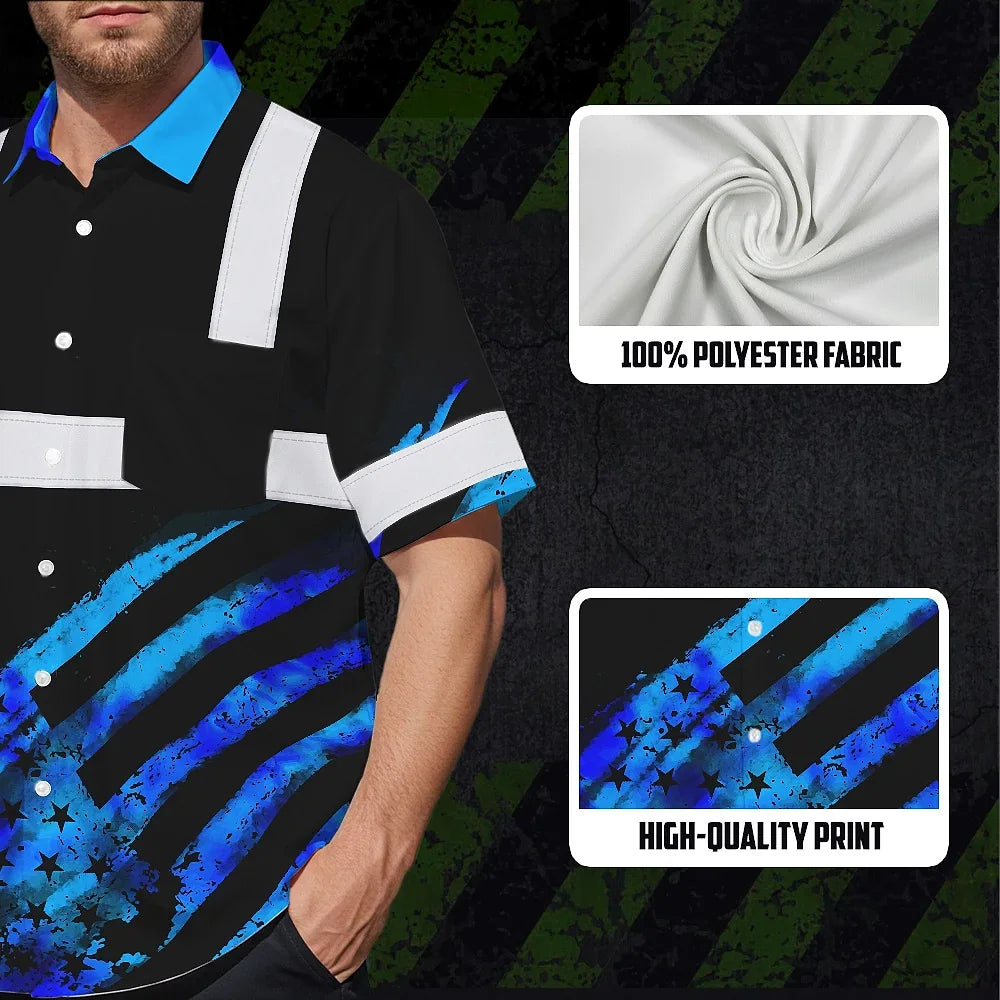 Hi Vis Hawaiian Shirt Reflective Tapes Blue Flag Tie Dye Custom Name Safety Workwear For Workers, Runners, Cyclists