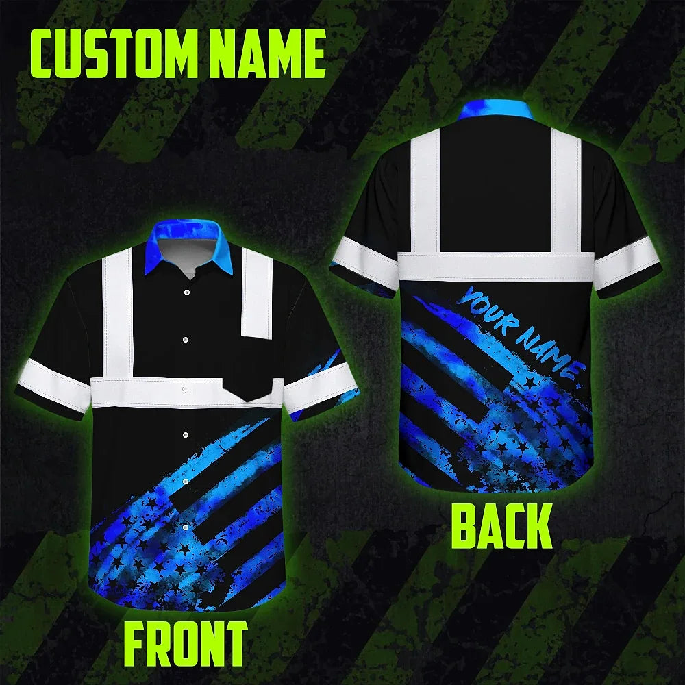 Hi Vis Hawaiian Shirt Reflective Tapes Blue Flag Tie Dye Custom Name Safety Workwear For Workers, Runners, Cyclists
