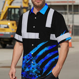 Hi Vis Hawaiian Shirt Reflective Tapes Blue Flag Tie Dye Custom Name Safety Workwear For Workers, Runners, Cyclists