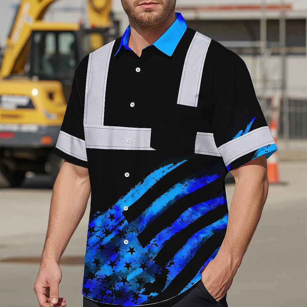 Hi Vis Hawaiian Shirt Reflective Tapes Blue Flag Tie Dye Custom Name Safety Workwear For Workers, Runners, Cyclists