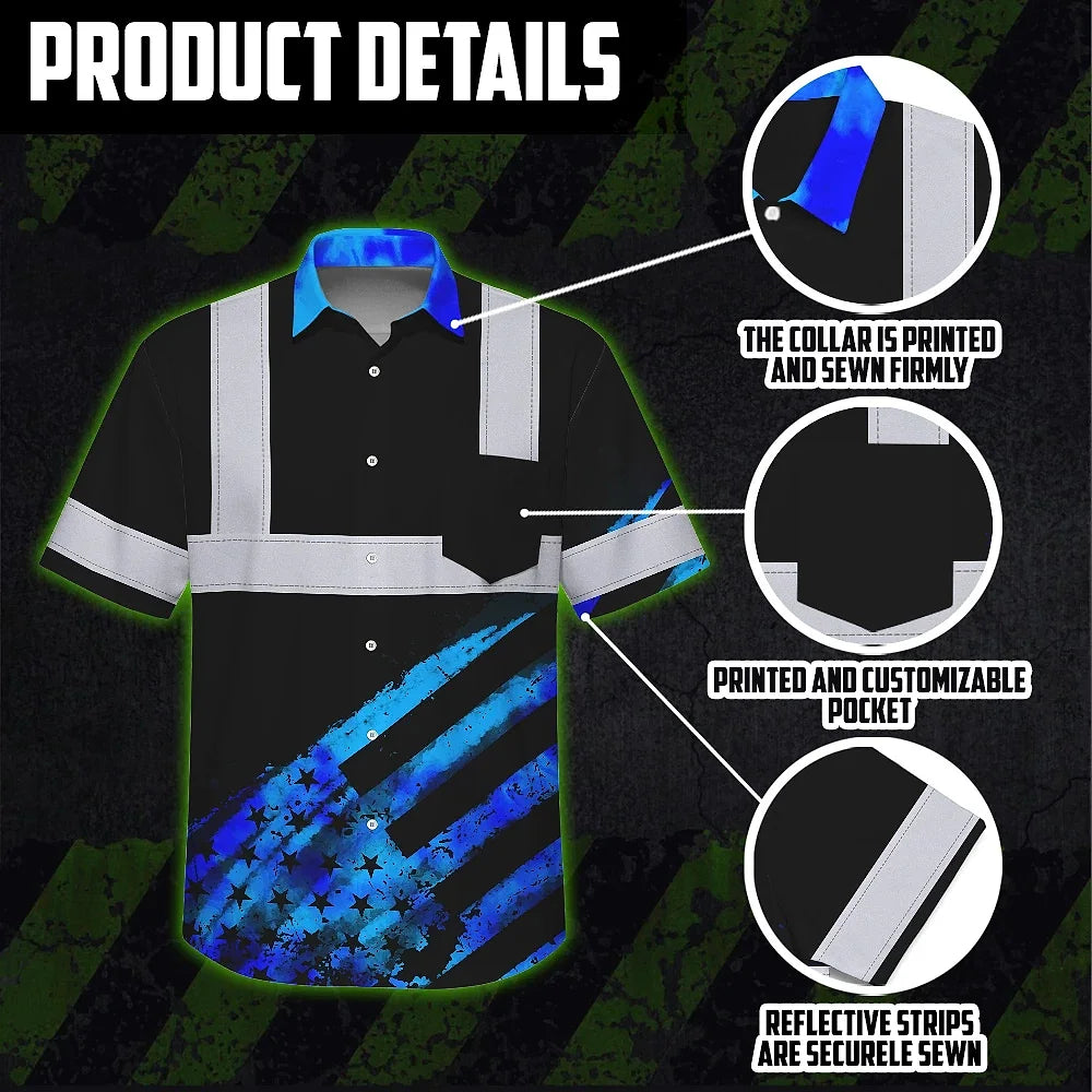 Hi Vis Hawaiian Shirt Reflective Tapes Blue Flag Tie Dye Custom Name Safety Workwear For Workers, Runners, Cyclists