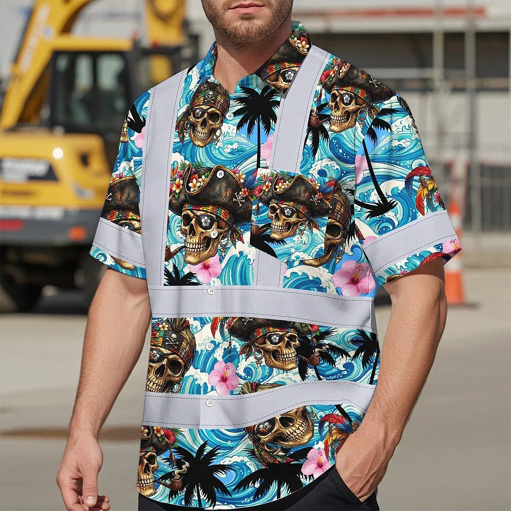 Hi Vis Hawaiian Shirt Reflective Tapes Blue Flower Skull Boat Custom Name Safety Workwear For Workers, Truckers, Operators