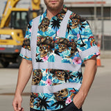 Hi Vis Hawaiian Shirt Reflective Tapes Blue Flower Skull Boat Custom Name Safety Workwear For Workers, Truckers, Operators