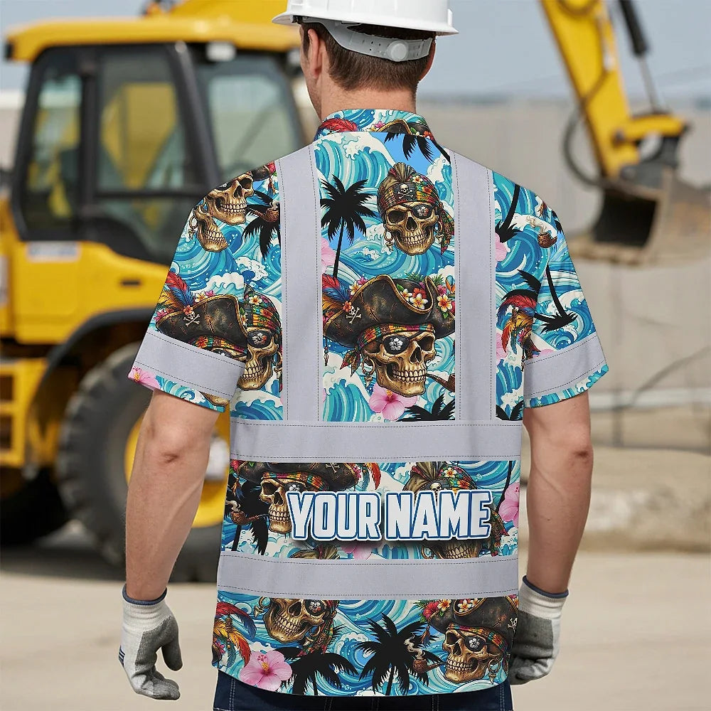 Hi Vis Hawaiian Shirt Reflective Tapes Blue Flower Skull Boat Custom Name Safety Workwear For Workers, Truckers, Operators