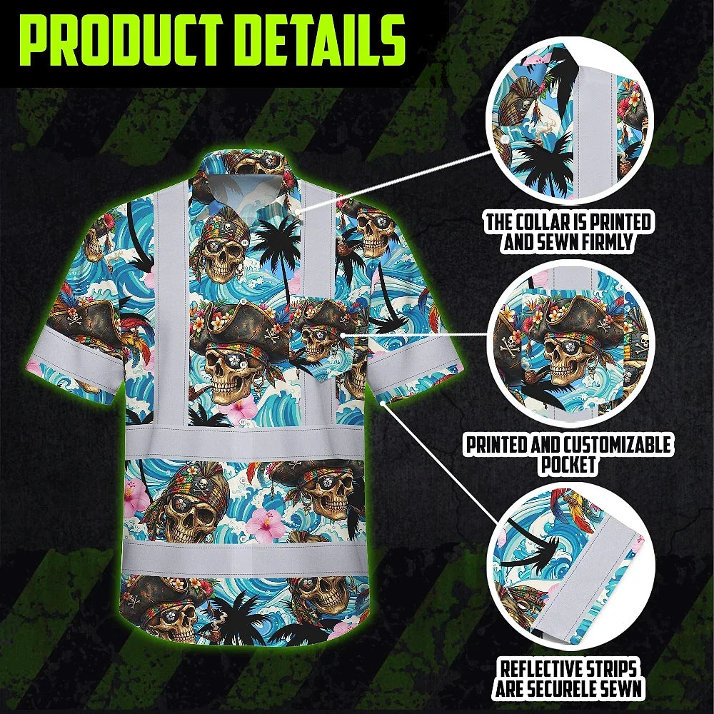 Hi Vis Hawaiian Shirt Reflective Tapes Blue Flower Skull Boat Custom Name Safety Workwear For Workers, Truckers, Operators