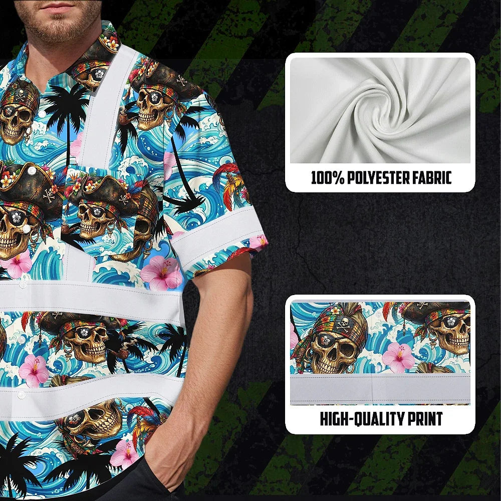 Hi Vis Hawaiian Shirt Reflective Tapes Blue Flower Skull Boat Custom Name Safety Workwear For Workers, Truckers, Operators