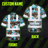 Hi Vis Hawaiian Shirt Reflective Tapes Blue Flower Skull Boat Custom Name Safety Workwear For Workers, Truckers, Operators