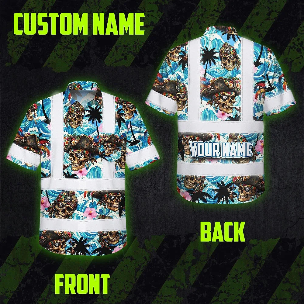 Hi Vis Hawaiian Shirt Reflective Tapes Blue Flower Skull Boat Custom Name Safety Workwear For Workers, Truckers, Operators