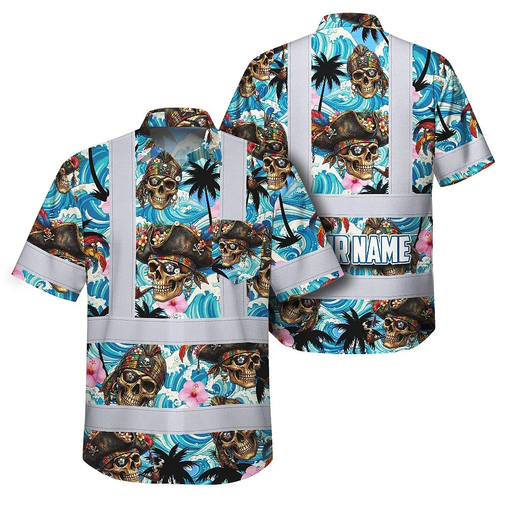 Hi Vis Hawaiian Shirt Reflective Tapes Blue Flower Skull Boat Custom Name Safety Workwear For Workers, Truckers, Operators