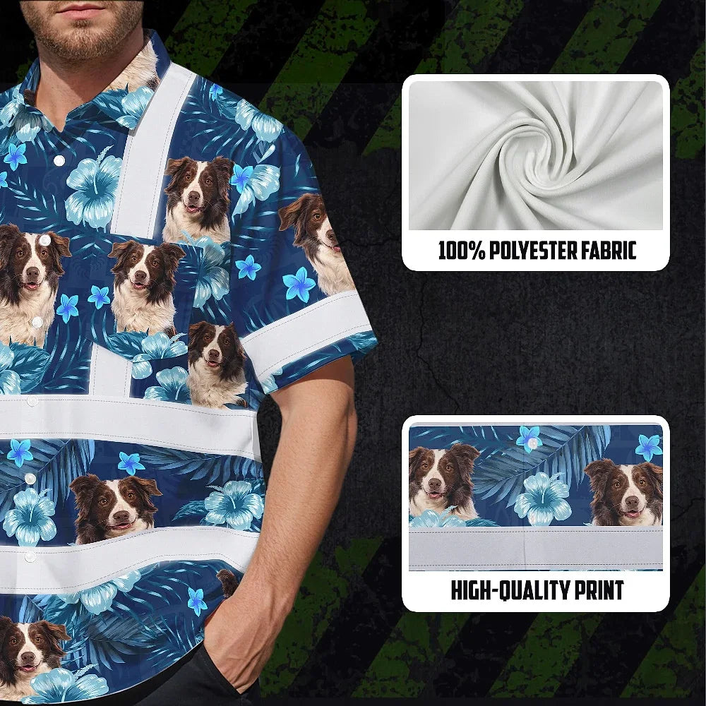 Hi Vis Hawaiian Shirt Reflective Tapes Blue Flowers Custom Name And Image Safety Workwear For Workers, Truckers, Operators, Company, Pet Lovers