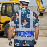 Hi Vis Hawaiian Shirt Reflective Tapes Blue Flowers Custom Name And Image Safety Workwear For Workers, Truckers, Operators, Company, Pet Lovers