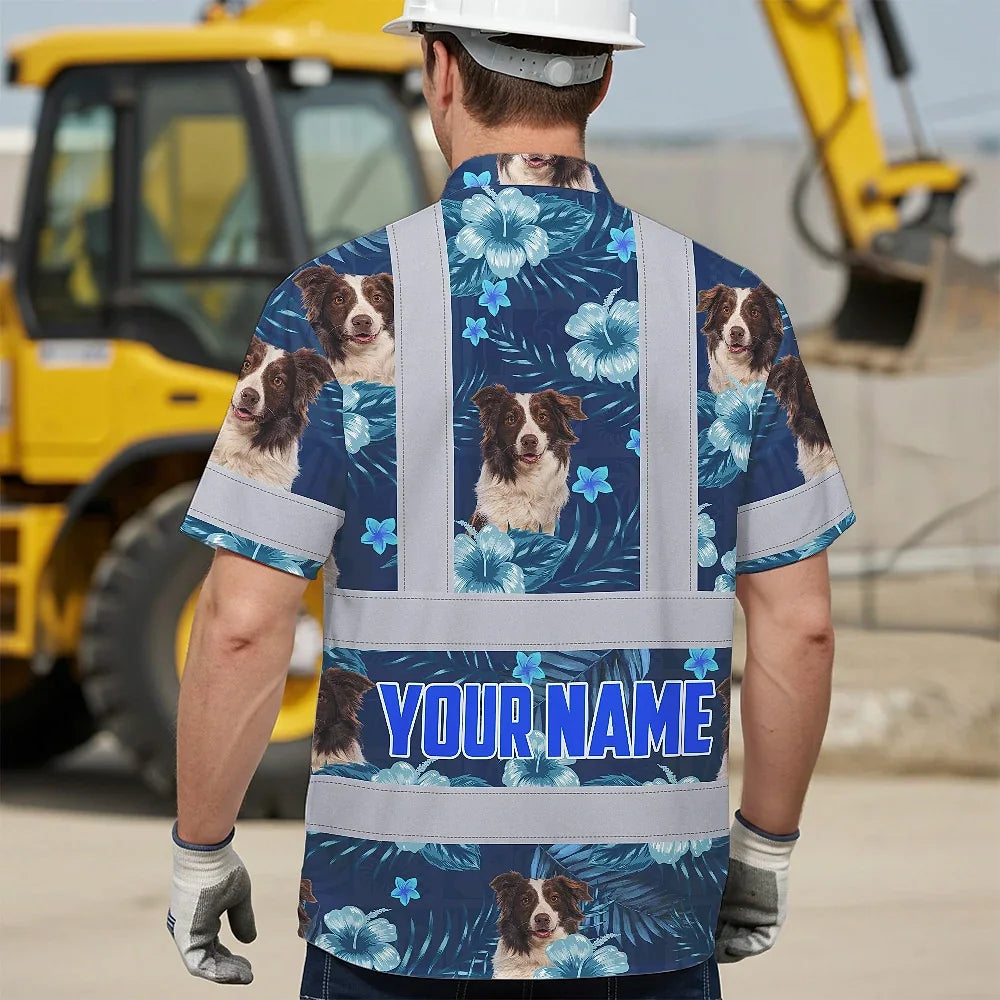 Hi Vis Hawaiian Shirt Reflective Tapes Blue Flowers Custom Name And Image Safety Workwear For Workers, Truckers, Operators, Company, Pet Lovers