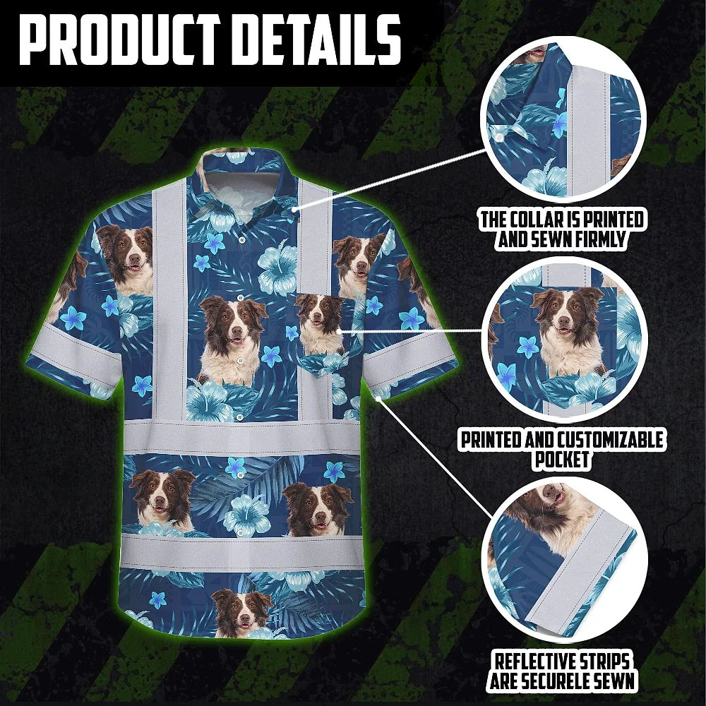 Hi Vis Hawaiian Shirt Reflective Tapes Blue Flowers Custom Name And Image Safety Workwear For Workers, Truckers, Operators, Company, Pet Lovers