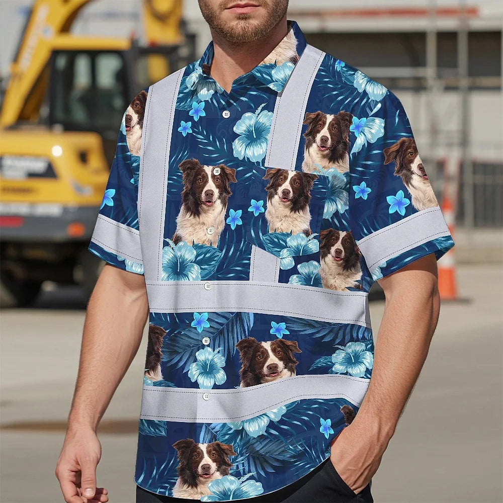 Hi Vis Hawaiian Shirt Reflective Tapes Blue Flowers Custom Name And Image Safety Workwear For Workers, Truckers, Operators, Company, Pet Lovers