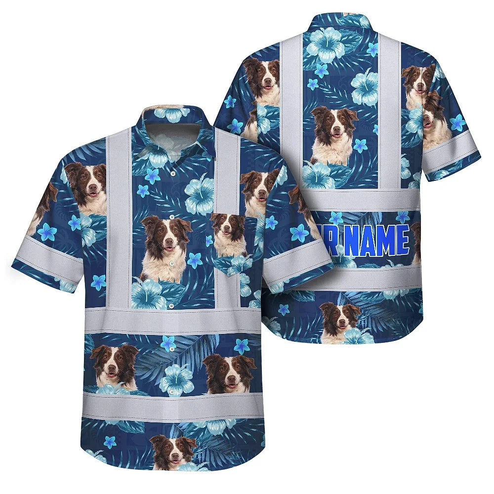 Hi Vis Hawaiian Shirt Reflective Tapes Blue Flowers Custom Name And Image Safety Workwear For Workers, Truckers, Operators, Company, Pet Lovers