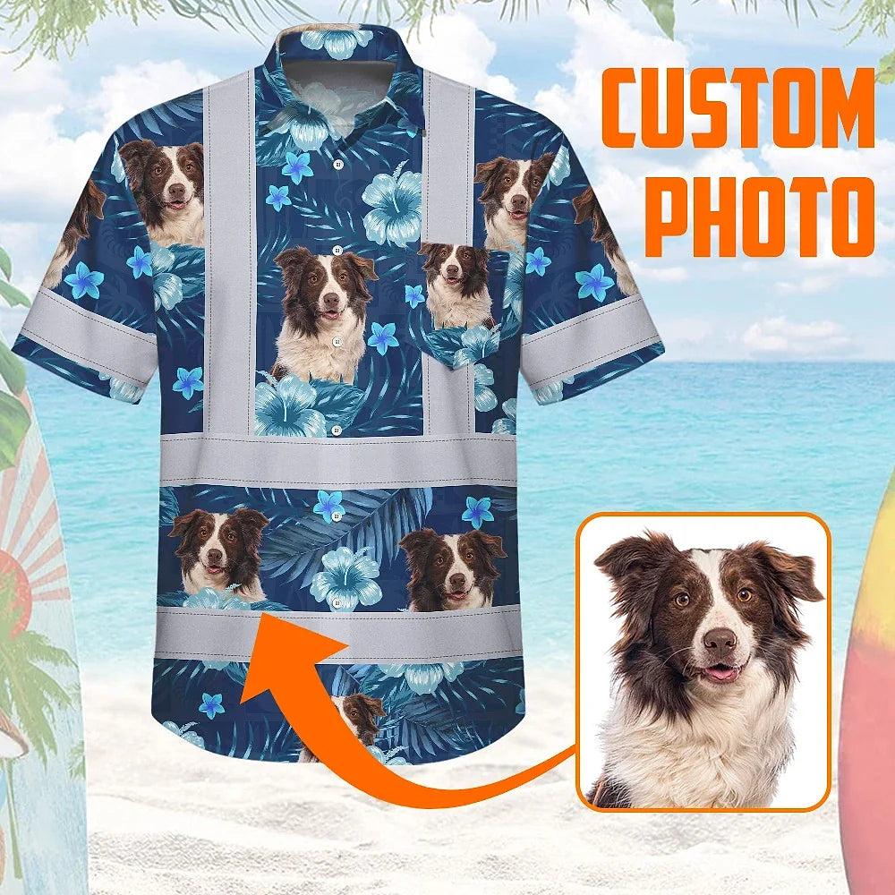 Hi Vis Hawaiian Shirt Reflective Tapes Blue Flowers Custom Name And Image Safety Workwear For Workers, Truckers, Operators, Company, Pet Lovers