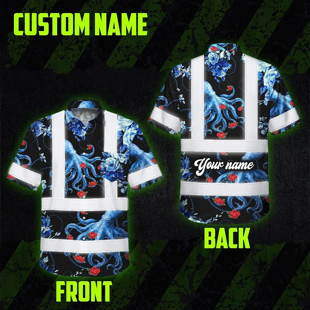 Hi Vis Hawaiian Shirt Reflective Tapes Blue Flowers Octopus Custom Name Safety Workwear For Workers, Truckers, Operators, Company