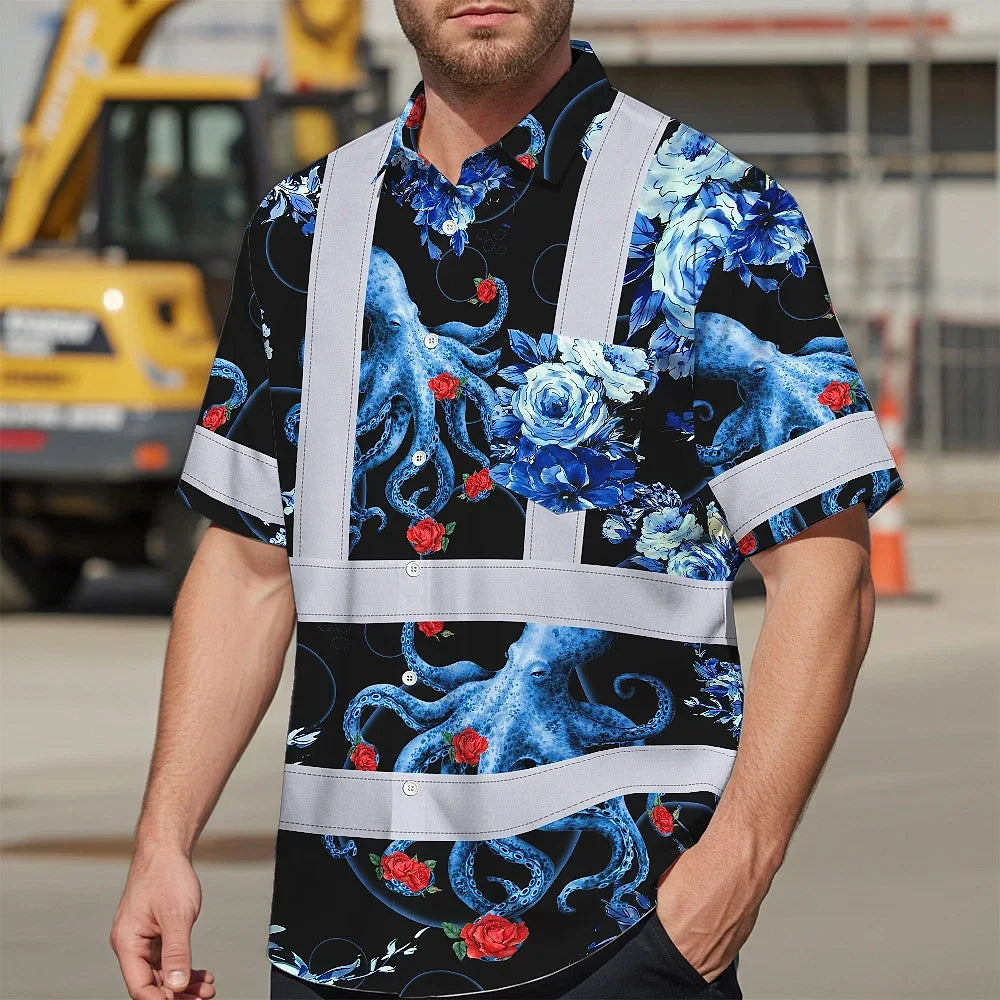 Hi Vis Hawaiian Shirt Reflective Tapes Blue Flowers Octopus Custom Name Safety Workwear For Workers, Truckers, Operators, Company