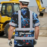 Hi Vis Hawaiian Shirt Reflective Tapes Blue Flowers Octopus Custom Name Safety Workwear For Workers, Truckers, Operators, Company