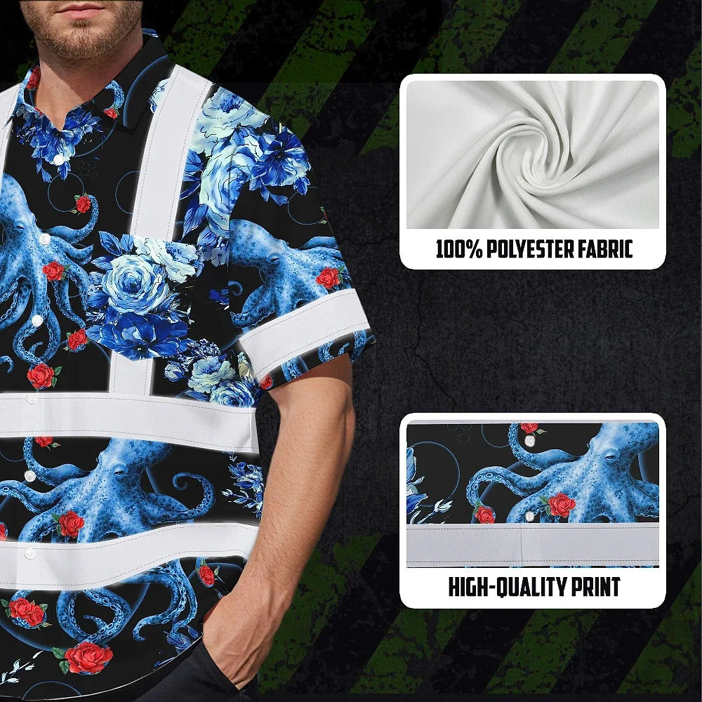 Hi Vis Hawaiian Shirt Reflective Tapes Blue Flowers Octopus Custom Name Safety Workwear For Workers, Truckers, Operators, Company